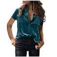 thumbnail image 1 of Penkiiy Women's Solid Button Down Short Sleeve Collar Velvet Shirt Blouse Top L Blue, 1 of 1