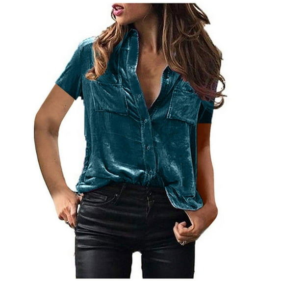 Penkiiy Women's Solid Button Down Short Sleeve Collar Velvet Shirt Blouse Top M Blue