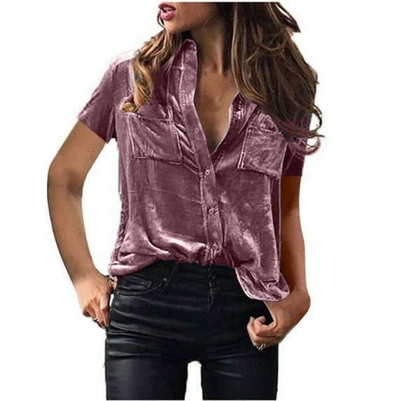 Penkiiy Women's Solid Button Down Short Sleeve Collar Velvet Shirt Blouse Top M Purple
