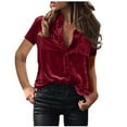 thumbnail image 1 of Penkiiy Women's Solid Button Down Short Sleeve Collar Velvet Shirt Blouse Top S Wine, 1 of 1