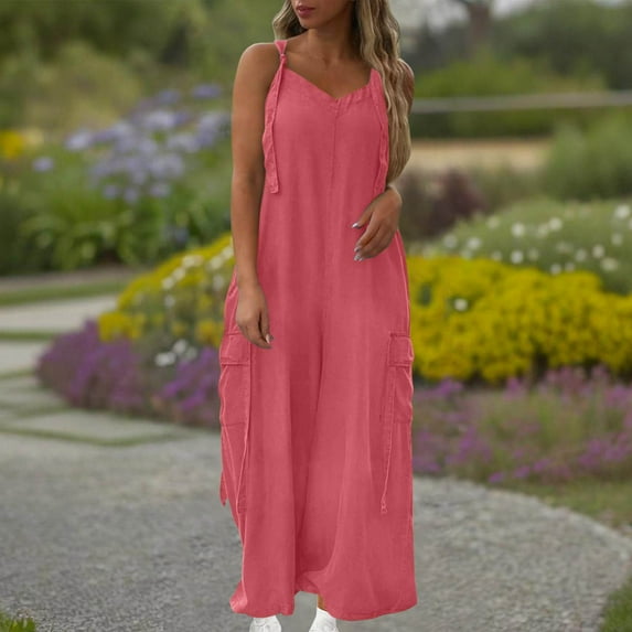 Penkiiy Women's Spring Summer Wide-Leg Overalls - Stretchy Casual Streetwear Jumpsuit with Adjustable Straps & Oversized Pockets M Pink