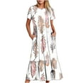 thumbnail image 1 of Penkiiy Women's Summer Casual Short Sleeve Crewneck Dress Casual Flowy Tiered Maxi Beach Dress With Pockets Feather Print Dress L White, 1 of 6