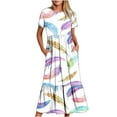 thumbnail image 1 of Penkiiy Women's Summer Casual Short Sleeve Crewneck Dress Casual Flowy Tiered Maxi Beach Dress With Pockets Feather Print Dress S White, 1 of 6