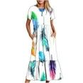 thumbnail image 1 of Penkiiy Women's Summer Casual Short Sleeve Crewneck Dress Casual Flowy Tiered Maxi Beach Dress With Pockets Feather Printing Dress M White, 1 of 6