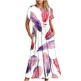 thumbnail image 1 of Penkiiy Women's Summer Casual Short Sleeve Crewneck Dress Casual Flowy Tiered Maxi Beach Dress With Pockets Feather Printing Dress S White, 1 of 6