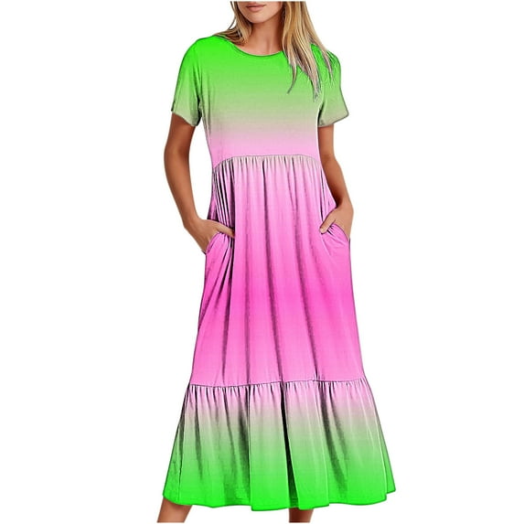 Penkiiy Women's Summer Casual Short Sleeve Crewneck Dress Casual Flowy Tiered Maxi Beach Dress With Pockets Gradient Print Dress S Multicolor