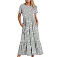 thumbnail image 1 of Penkiiy Women's Summer Casual Short Sleeve Crewneck Dress Casual Flowy Tiered Maxi Beach Dress With Pockets Shiny Print Dress S Silver, 1 of 7