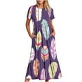 thumbnail image 1 of Penkiiy Women's Summer Casual Short Sleeve Crewneck Feather Print Swing Dress Flowy Tiered Maxi Beach Dress with Pockets XL Purple, 1 of 6