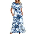 thumbnail image 1 of Penkiiy Women's Summer Casual Short Sleeve Crewneck Floral Print Swing Dress Flowy Tiered Maxi Beach Dress with Pockets M Blue, 1 of 5