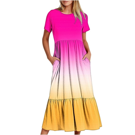 Penkiiy Women's Summer Casual Short Sleeve Crewneck Gradient Print Swing Dress Flowy Tiered Maxi Beach Dress with Pockets 2XL Multicolor