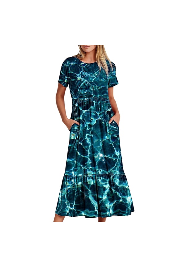 Women's Summer Casual Short Sleeve Crewneck Marble Print Dress Casual Flowy Tiered Maxi Beach Dress With Pockets L Dark Blue