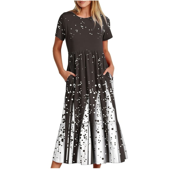 Penkiiy Women's Summer Casual Short Sleeve Crewneck Shiny Print Dress Casual Flowy Tiered Maxi Beach Dress With Pockets L Black