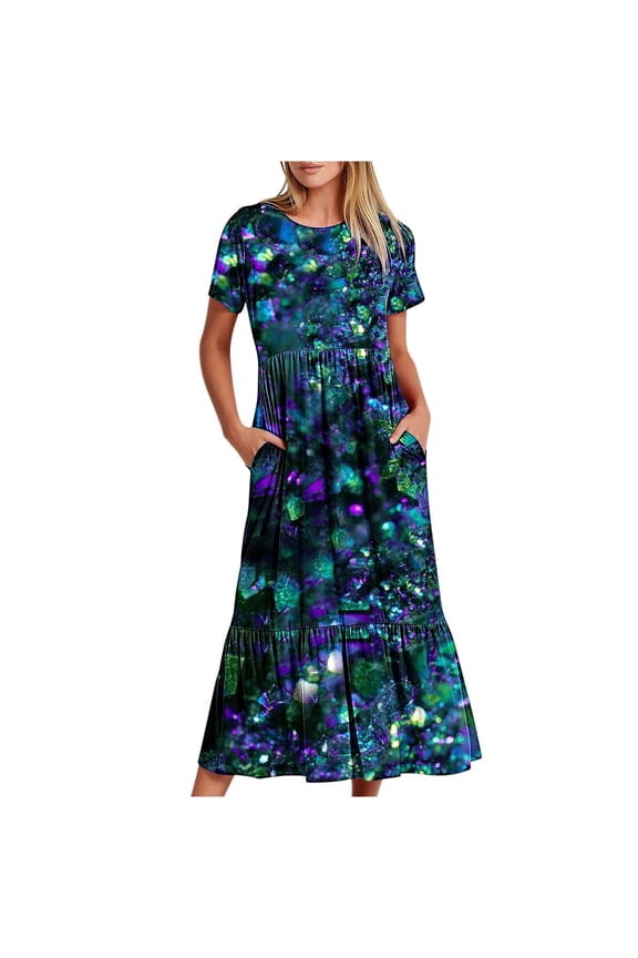 Women's Summer Casual Short Sleeve Crewneck Shiny Print Swing Dress Flowy Tiered Maxi Beach Dress with Pockets 2XL Dark Blue