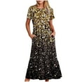 thumbnail image 1 of Penkiiy Women's Summer Casual Short Sleeve Crewneck Shiny Print Swing Dress Flowy Tiered Maxi Beach Dress with Pockets M Yellow, 1 of 4