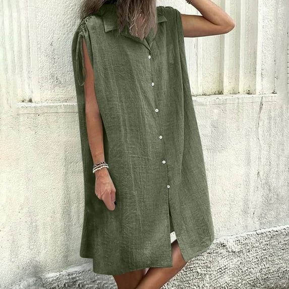 Penkiiy Women's Summer Dress | Cotton-Linen Blend Button-Down Shirt Dress with Adjustable Drawstring & Pockets L Army Green