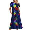 thumbnail image 1 of Penkiiy Women's Summer Feather Print Casual Short Sleeve Crewneck Basic Swing T Shirt Dress Flowy Beach Vacation Sundress L Navy, 1 of 6