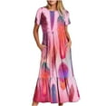 thumbnail image 1 of Penkiiy Women's Summer Feather Print Casual Short Sleeve Crewneck Basic Swing T Shirt Dress Flowy Beach Vacation Sundress S Pink, 1 of 6