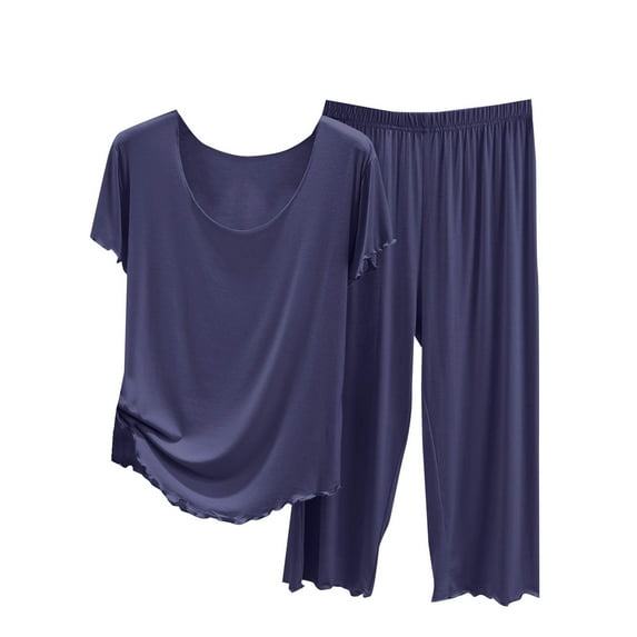 Penkiiy Women's Summer Short Sleeve Top with Capri Pants Pajama Set Lightweight Casual Home Wear 2XL Dark Blue