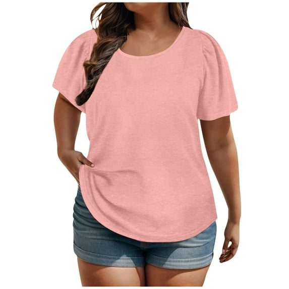 Penkiiy Women's Summer Solid Color Plus Size Tops Puff Short Sleeve Round Neck Loose Fashion Short Sleeve Round Neck Top XL-5XL 5XL Pink