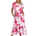 thumbnail image 1 of Penkiiy Women's Summer Tie-dyed Print Casual Short Sleeve Crewneck Basic Swing T Shirt Dress Flowy Beach Vacation Sundress S Hot Pink, 1 of 7