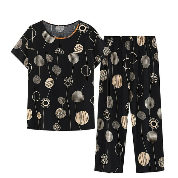 Penkiiy Women's Summer Two Piece Set Short Sleeve Round Neck Pajama Set Printed Tops Pants Set 3XL Multicolor