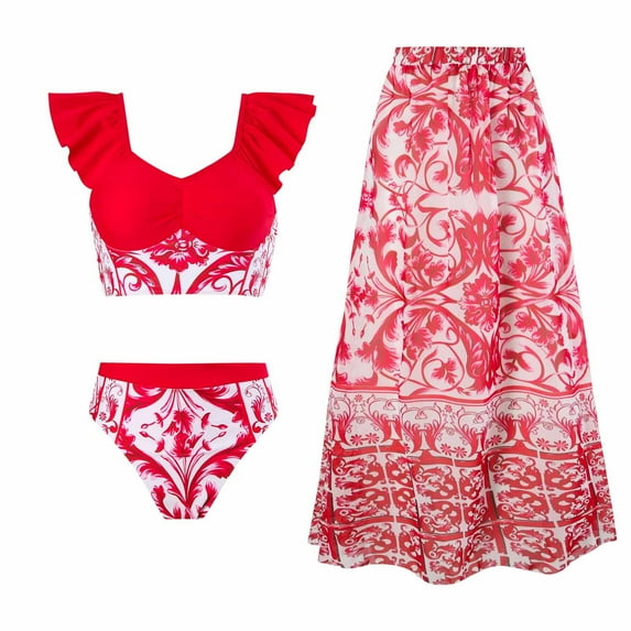 Penkiiy Women's Swimwear Bikini Lace Up Swimsuit Long Skirt Chiffon Two-piece Set Swimsuit M Red