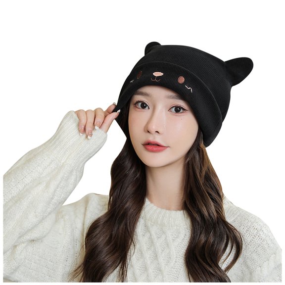 Penkiiy Women's Teen Girls Knitted Cat Kitty Cuffed Beanie Hat Winter Outdoor Stretchy Ski Skullies Caps Black