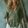 thumbnail image 1 of Penkiiy Women's V-Neck 3/4 Sleeve Loose Button Imitation Cotton And Linen Tunic Summer Shirt Blouse With Pockets L Army Green, 1 of 6