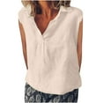 thumbnail image 1 of Penkiiy Women's V Neck Loose Fit Short Sleeve T-Shirts Blouses Summer Casual Solid Color Basic Cotton Linen Tops Shirt XL Beige, 1 of 6
