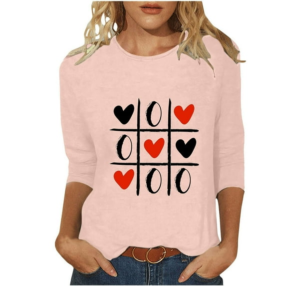 Penkiiy Women's Valentine's Day Fashion Printed T-shirt 3/4 Sleeves Blouse Round Neck Casual Tops XL Pink