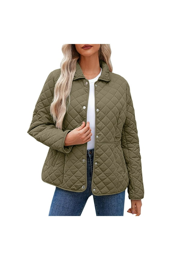 Women's Winter Casual Quilted Jackets Long Sleeve Button Down Puffer Jacket Padded Outerwear Coats M Army Green
