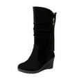 thumbnail image 1 of Penkiiy Women's Winter Mid Calf Slouch Boots Sweet Bow Round Toe Hidden Wedge Heel Zipper Wide Calf Dress Boot Suede Upper Zip Wedge Heels Warm Winter Wear-resistant Cowboy 41 Black, 1 of 6