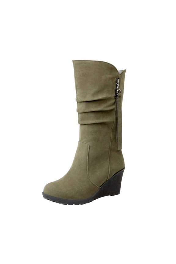 Women's Winter Mid Calf Slouch Boots Sweet Bow Round Toe Hidden Wedge Heel Zipper Wide Calf Dress Boot Suede Upper Zip Wedge Heels Warm Winter Wear-resistant Cowboy 34 Army Green
