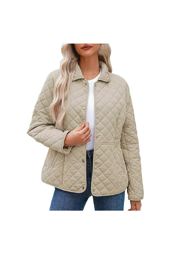 Women's Winter Quilted Jackets Long Sleeve Button Down Diamond Puffer Jacket Outerwear Coats with Pockets XL Beige