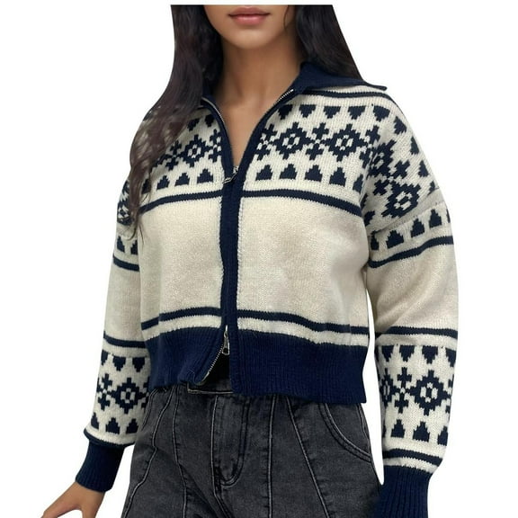 Penkiiy Women's Zip Up Cable Knit Sweater Long Sleeve Open Front Cardigan Warm Cardigan with Pockets Outwear Coat M Navy