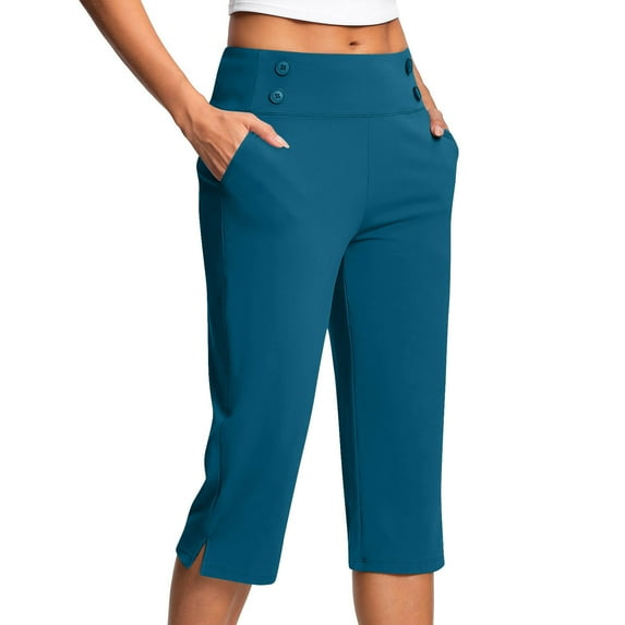 Penkiiy Womens 22" Wide Leg Capri Pants Yoga Legging High Waist Cropprd Pants with Pockets
