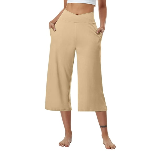 Penkiiy Womens 22" Wide Leg Capri Pants Yoga Legging High Waist Cropprd Pants with Pockets