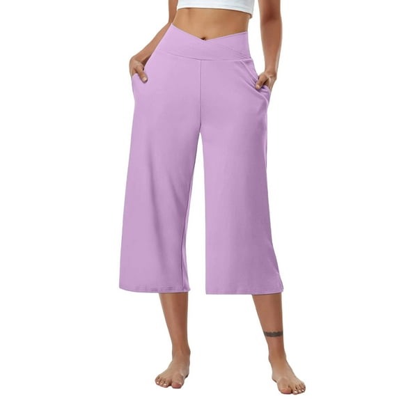 Penkiiy Womens 22" Wide Leg Capri Pants Yoga Legging High Waist Cropprd Pants with Pockets