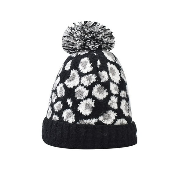 Penkiiy Womens Beanie with Pom Pom, Leopard Knit Beanie Hats for Women Winter and Fall, Fashionable Warm Winter Hats for Ladies Black