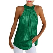 Penkiiy Womens Casual Solid Color Round Neck Halter Sleeveless Tops Blouses Tops Tank Shirt Vest With Zipper Summer versatile T-shirt L Green On Clearance