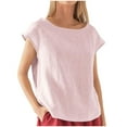 thumbnail image 1 of Penkiiy Womens Linen Short Sleeve Blouse Crew Neck Summer Casual Tops Loose Fit 2XL Pink, 1 of 5