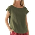 thumbnail image 1 of Penkiiy Womens Linen Short Sleeve Blouse Crew Neck Summer Casual Tops Loose Fit L Army Green, 1 of 5