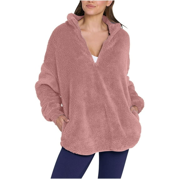 Penkiiy Womens Loose Casual Zipper Sherpa Fleece Pockets Pullover Sweatshirt for Women XL Pink