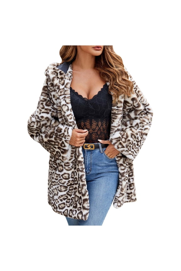 Womens Luxury Faux Fur Winter Leopard Coats Comfort Warm Outerwear Open Front Long Cardigan Overcoat Jacket S Khaki