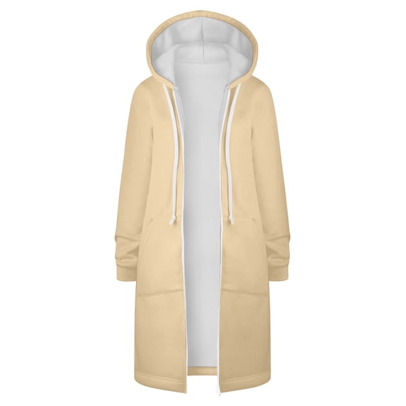 Penkiiy Womens Medium Long Plush Sweatshirt Insert Bag Hooded Zipper Windbreaker Coat Long Sleeve Solid Winter Warm Overcoats S Beige
