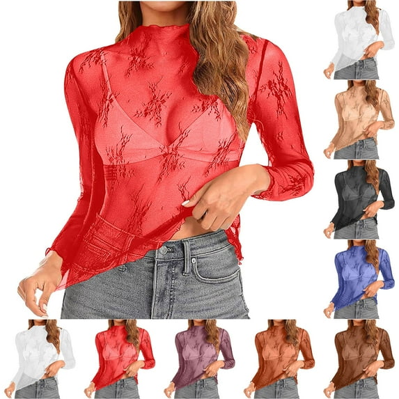 Penkiiy Womens Mesh Top Mock Neck Long Sleeve Slim Fit See Through Shirt Blouses Tops S Black