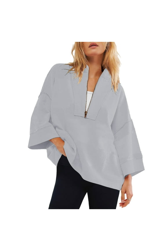 Womens Oversized Half Zip Sweatshirt Solid Color V Neck Top Casual Loose Pullover Y2k 2XL Gray