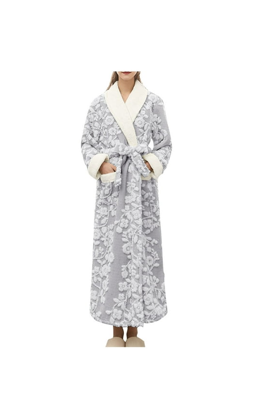Womens Plush Bathrobe Warm Fleece Soft Long Robe Fuzzy Full Length Gown Shower for Women XL Silver