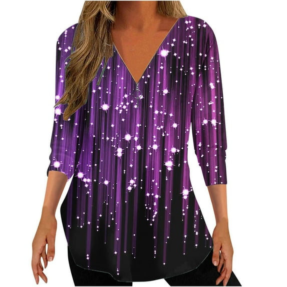 Penkiiy Womens Printed Tunic Tops 3/4 Sleeve Zip up Tops Dressy Casual Blouses V Neck Work Shirts to Wear with Leggings L Purple