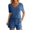 thumbnail image 1 of Penkiiy Womens Ribbed Knit Lounge Set Short Sleeve Top and Shorts Sleepwear Pajama Set Two Piece Shorts Outfits Set M Blue, 1 of 9